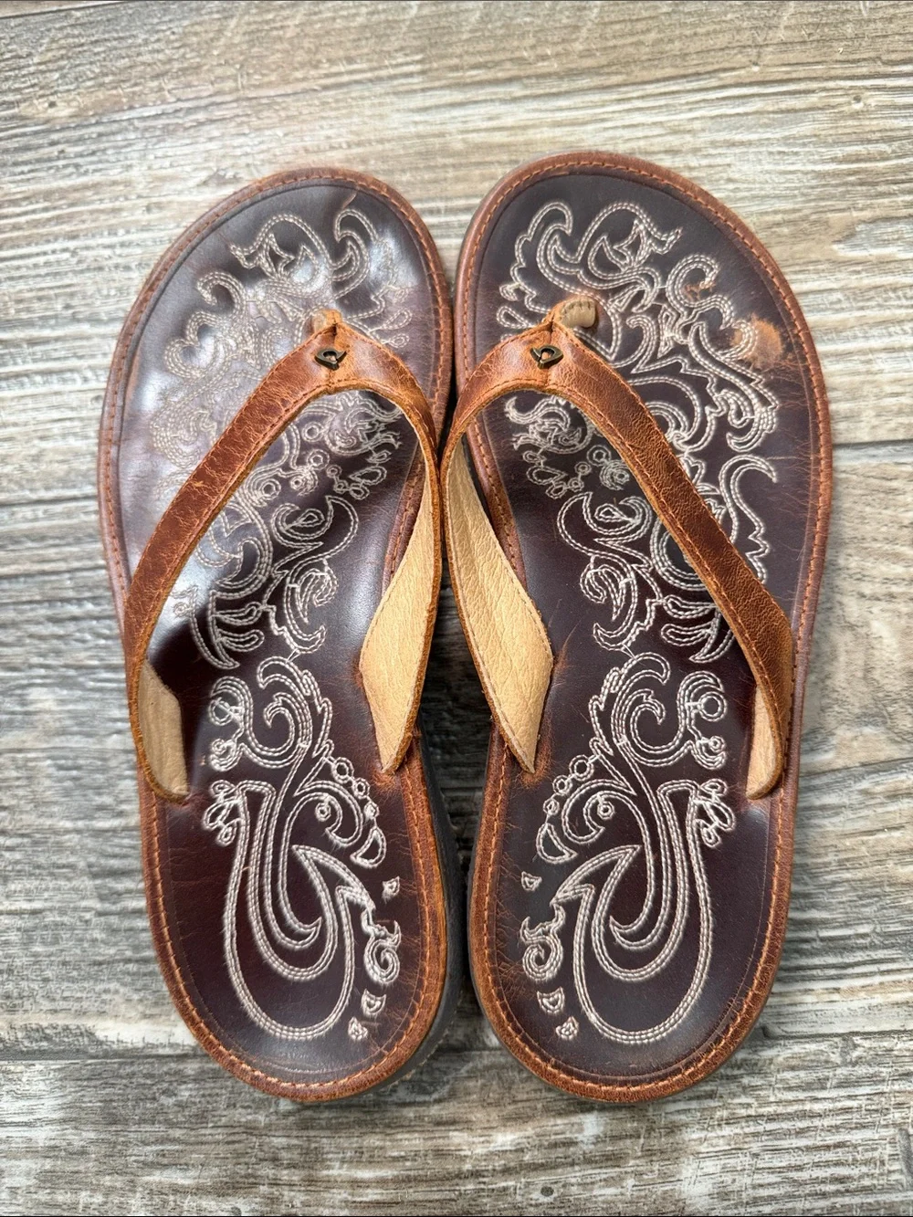 Olukai Wonen’s Brown Leather Flip Flops - Casual Beach Sandals